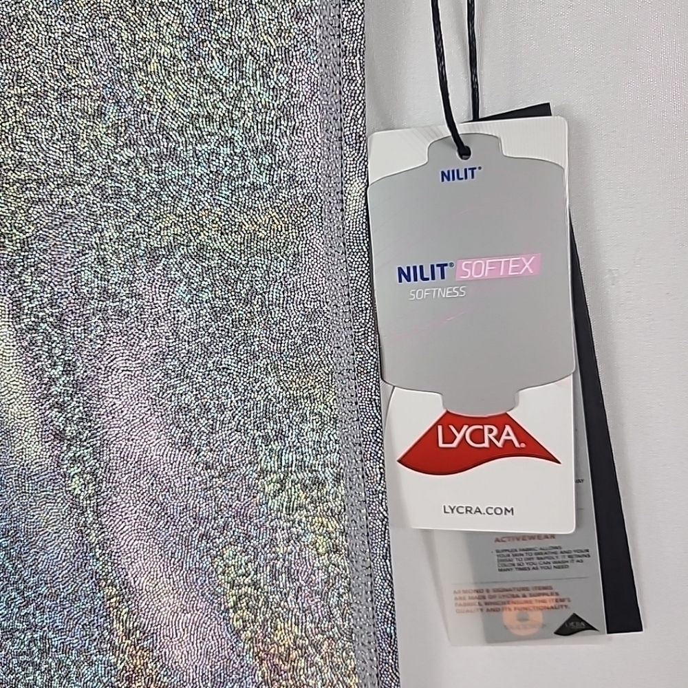 NEW Mono B Women Silver Foil Out Of This World Lycra Nilit Softex Leggings Sz M - Picture 4 of 6